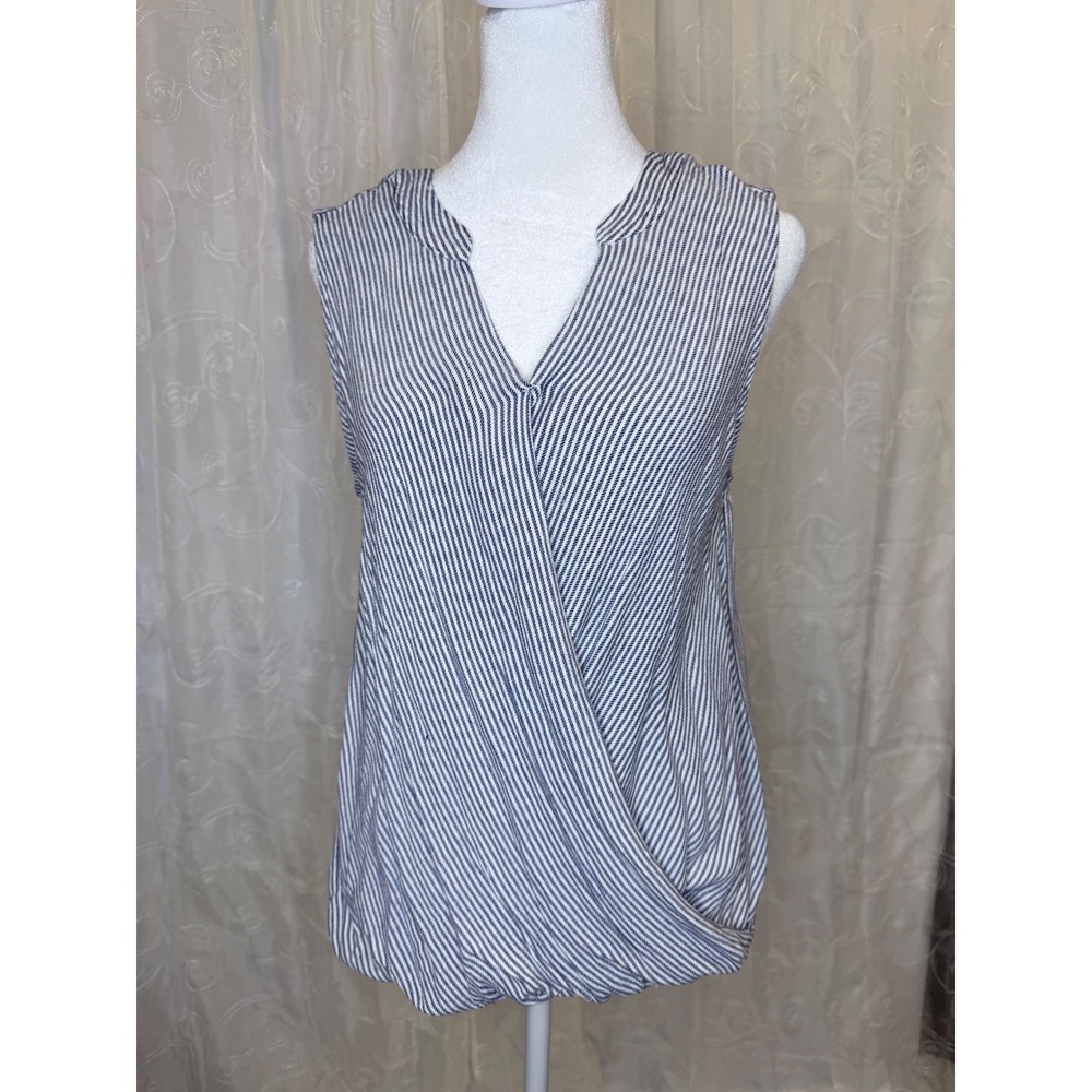 a.n.a A New Approach Blue White Pinstripe Sleeveless Wrap Blouse Office Top L